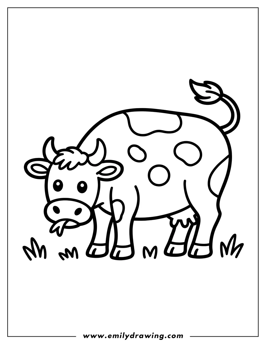 Outline of a cow grazing in a field, its tongue extended as it eats grass.