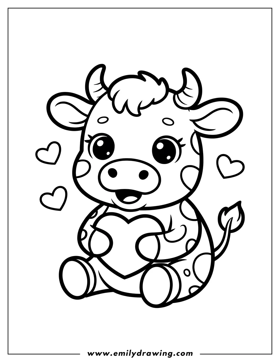 Outline of a cute cow sitting and holding a large heart.  Small hearts float around it.