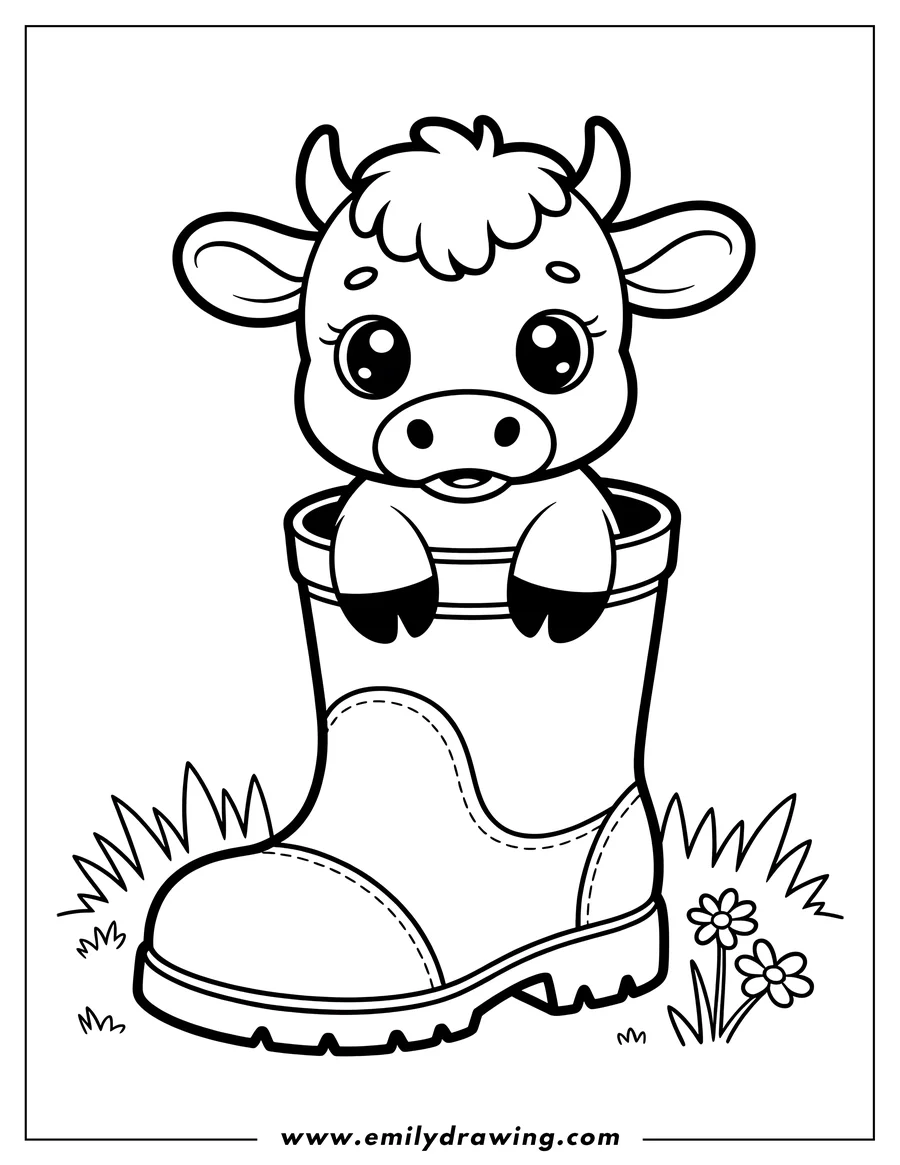 Outline of a young cow sitting inside a large boot, with small flowers and grass nearby.