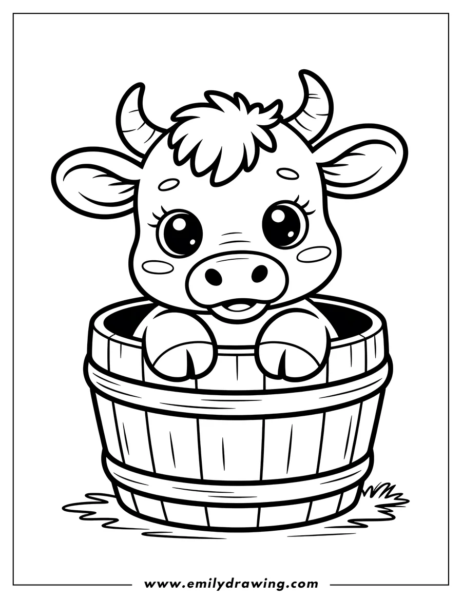 Outline of a young cow sitting inside a wooden bucket.