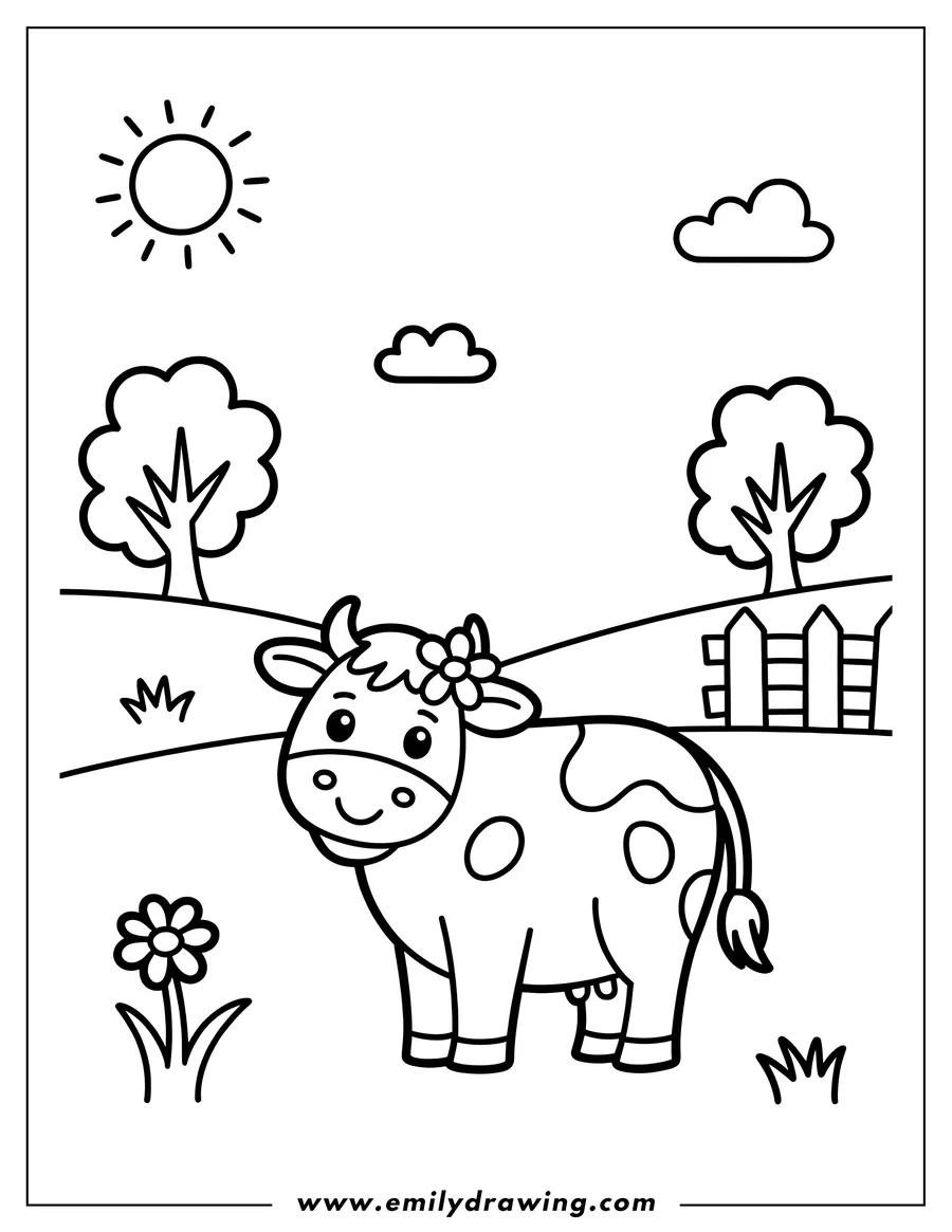 Outline of a cow with a flower on its head, standing in a field with trees, a fence, clouds, a flower, and a shining sun.