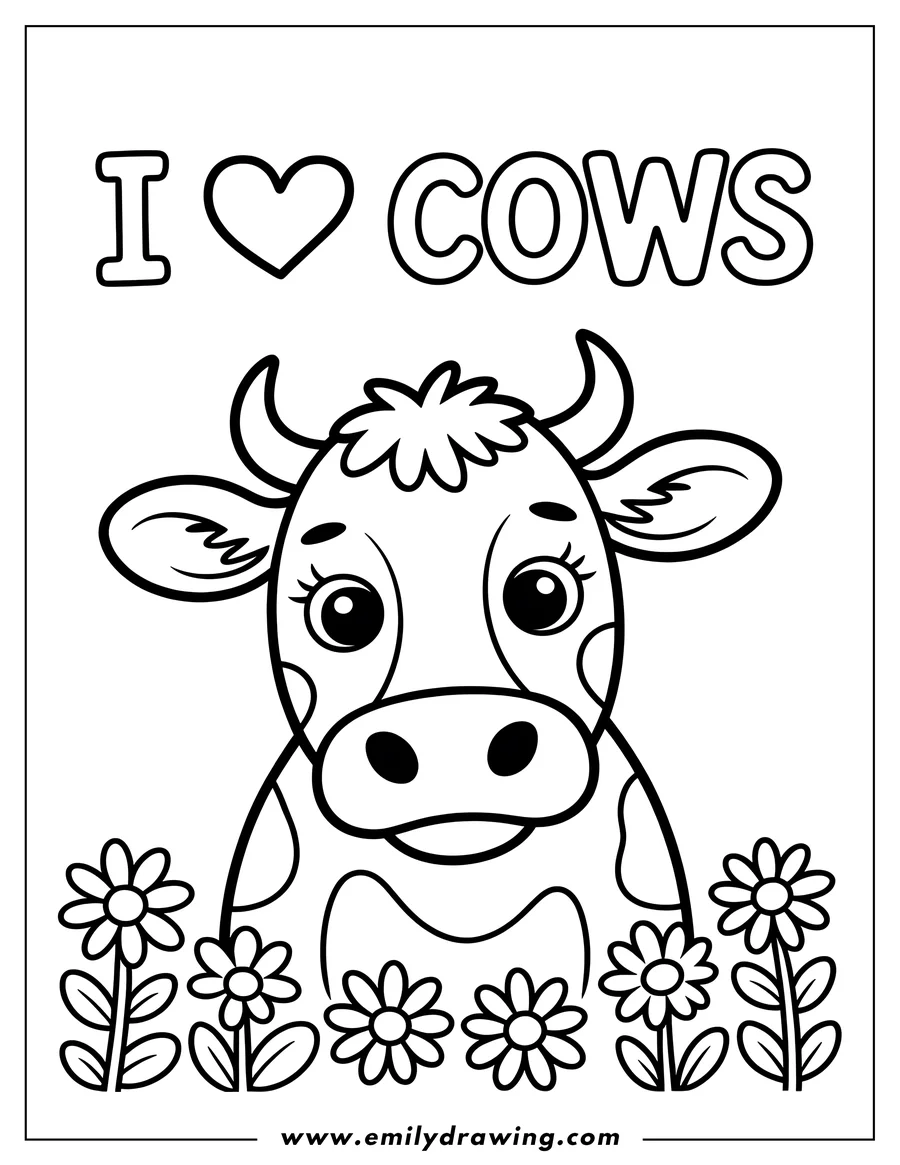 Outline of a cow with spots, surrounded by daisies and other flowers in a patch.