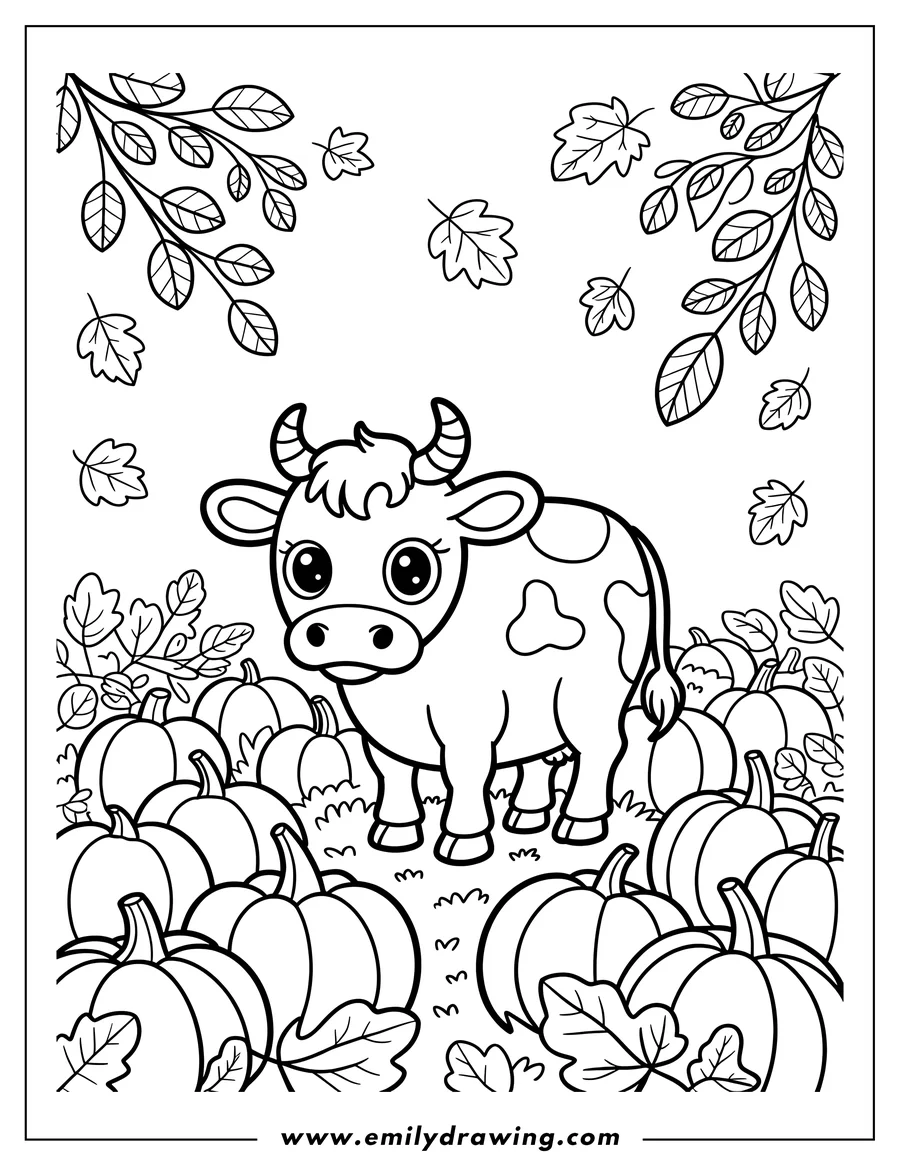 Outline of a cow standing in a pumpkin patch with falling leaves.