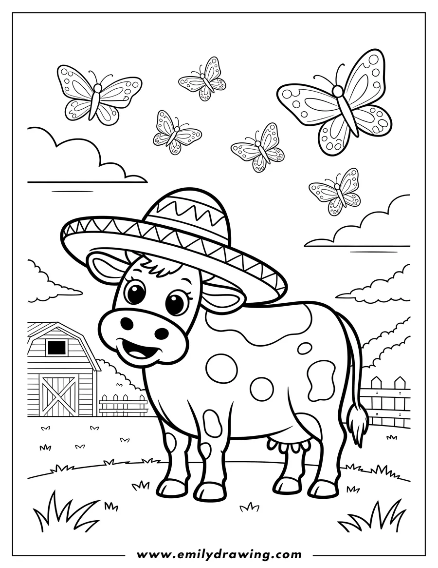 Outline of a cow wearing a sombrero on a farm, with butterflies fluttering overhead.