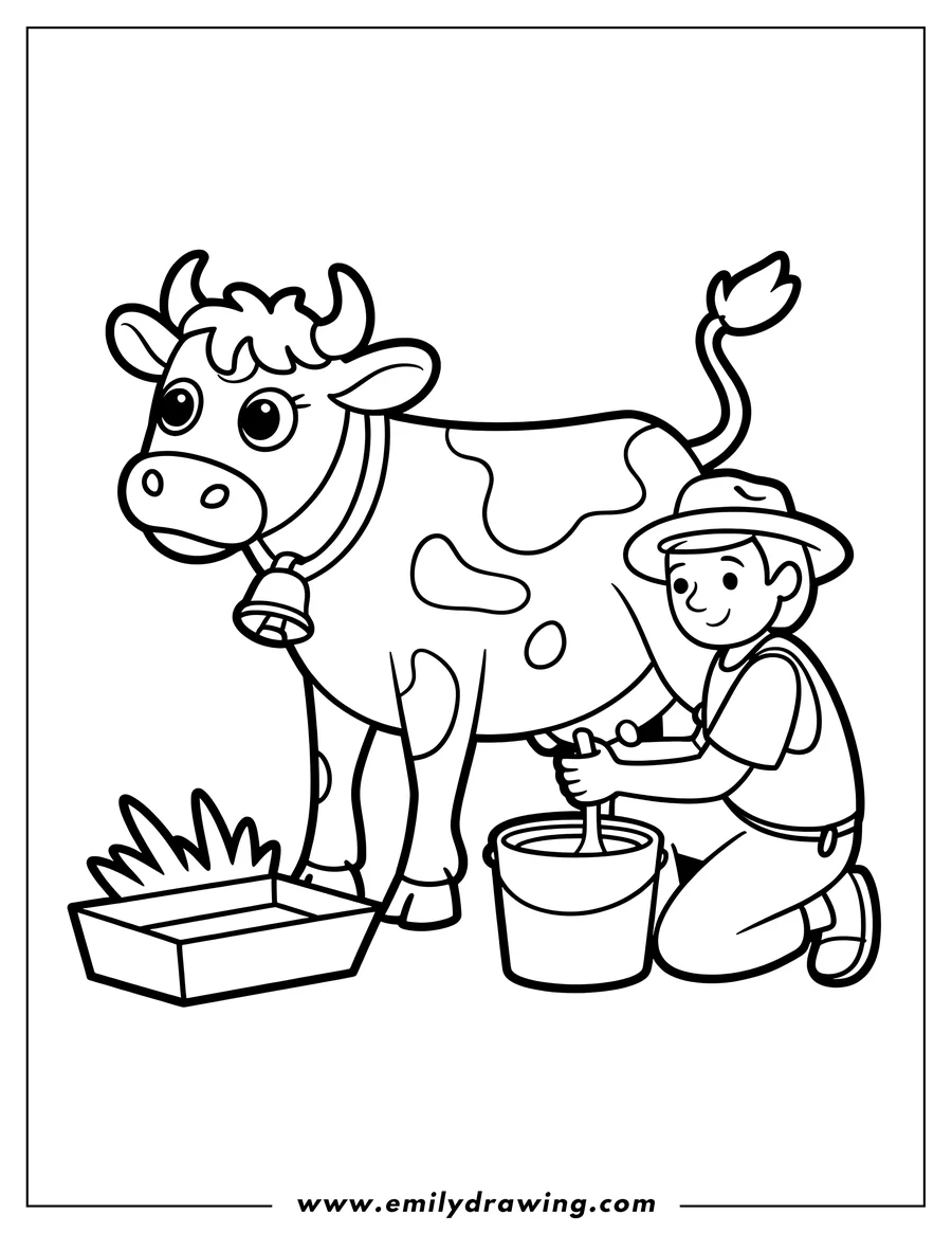Line art of a farmer milking a cow.  There is a bucket for the milk and a manger with hay for the cow.