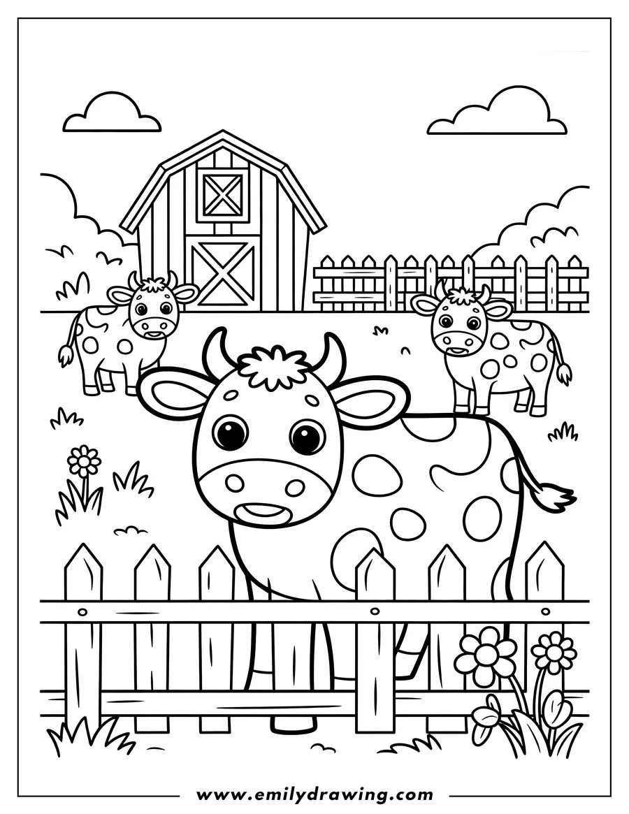 Outline of three cows on a farm, with a barn and fences visible in the background.