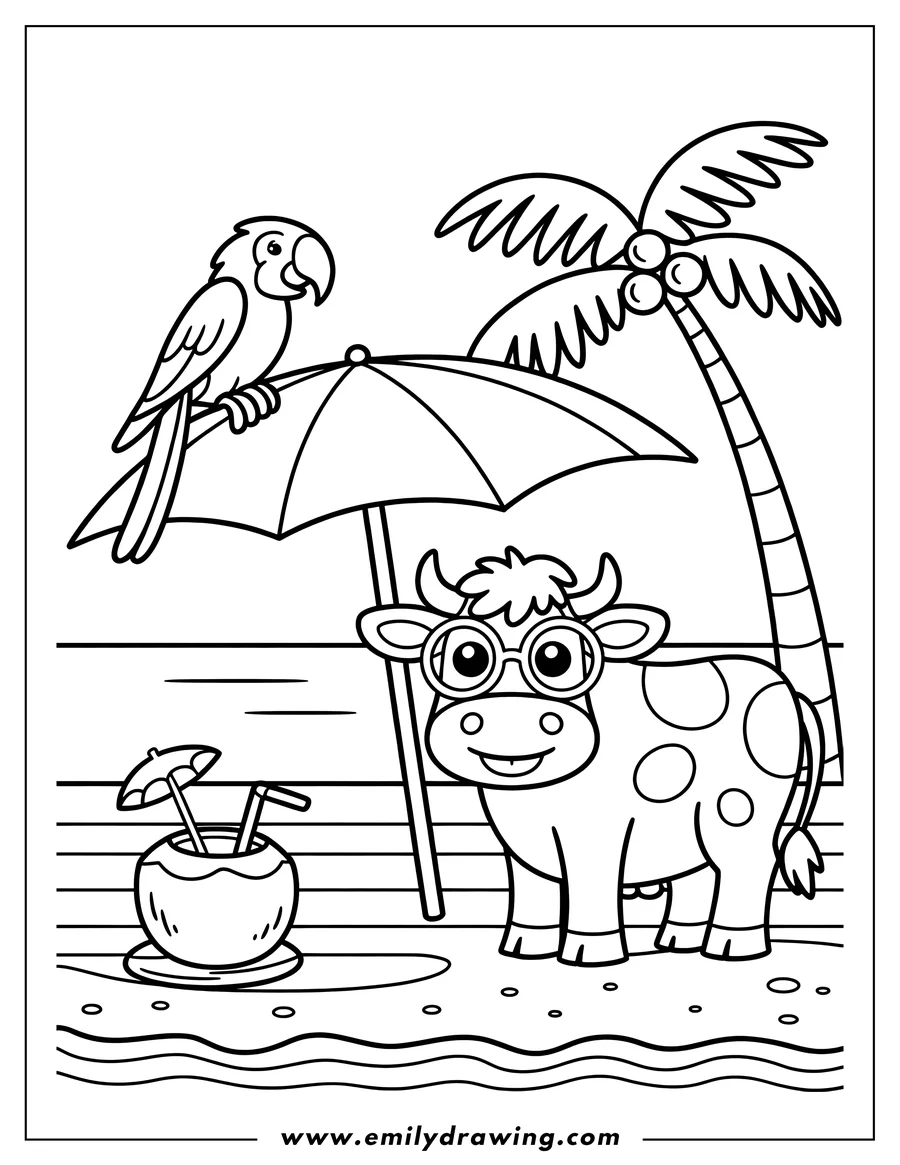 Line art of a cow wearing sunglasses on a beach with a beach umbrella, parrot, coconut drink, and palm tree.