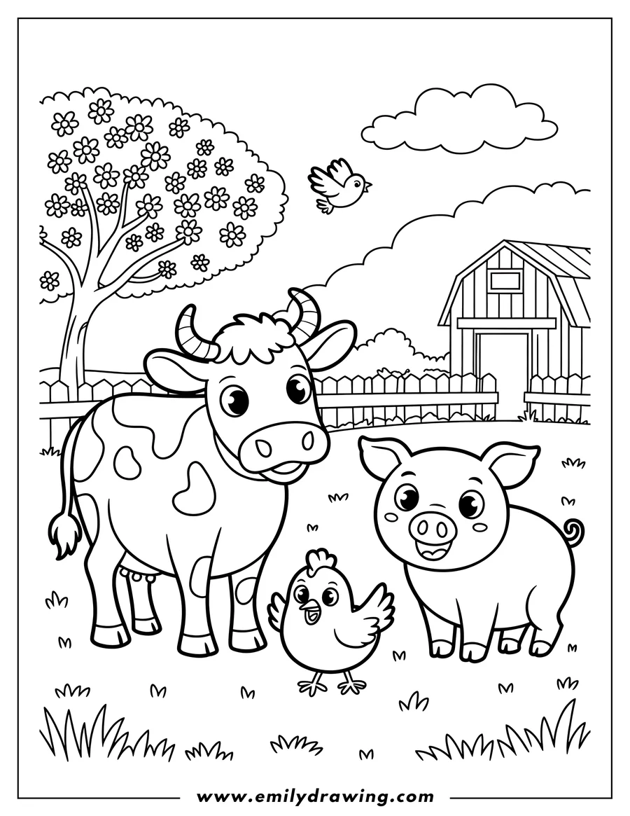 Line art of a cow, pig, and chick on a farm. There is a flowering tree, a barn, and a fence in the background.