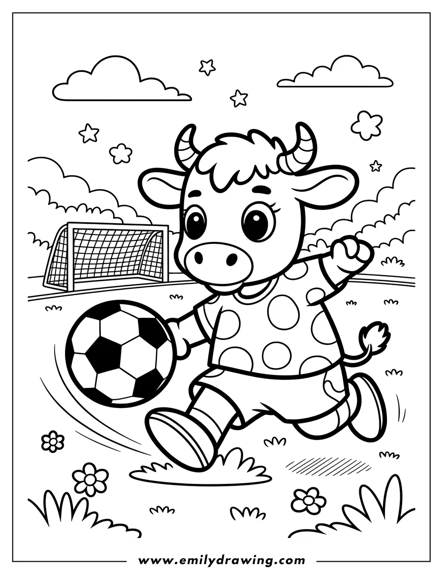 Line art of a cow playing soccer. It is wearing a jersey and kicking a soccer ball toward a goal.