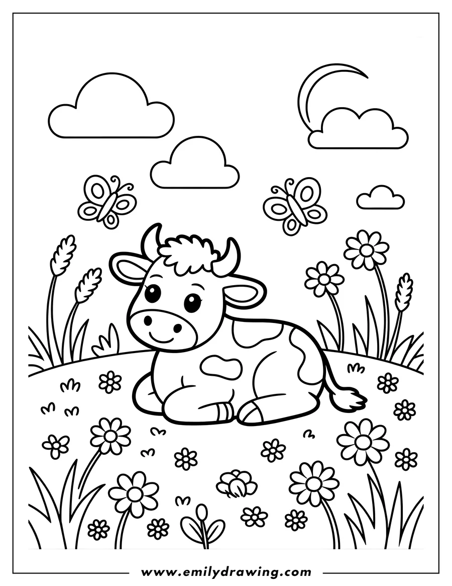Outline of a cow resting in a meadow with flowers, butterflies, and clouds.
