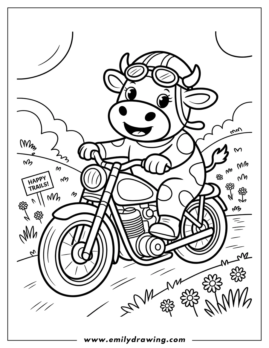 Outline of a cow wearing a helmet and goggles, riding a motorcycle. There's a sign that says 'Happy Trails!' and flowers along the path.