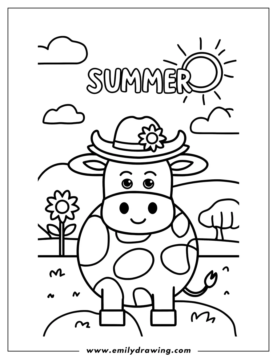 Outline of a cow wearing a summer hat with a flower, standing in a field with a single flower and a tree in the background.
