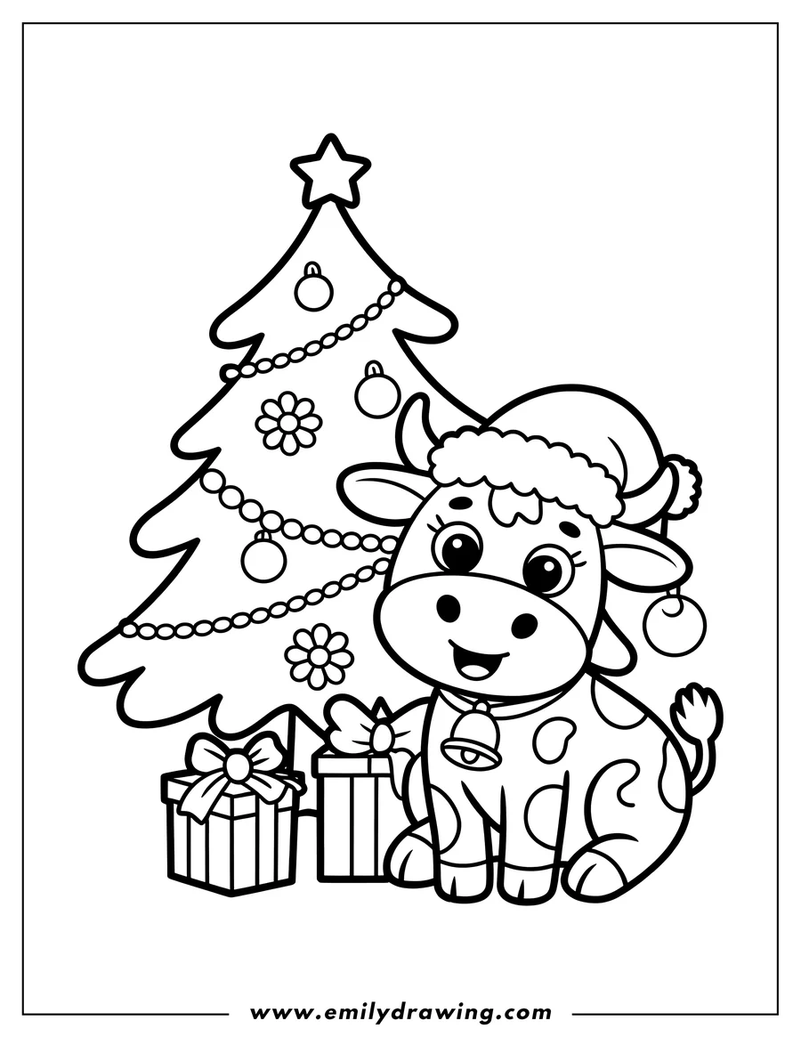 Outline of a cow wearing a Santa hat and bell, sitting next to a decorated Christmas tree and presents.
