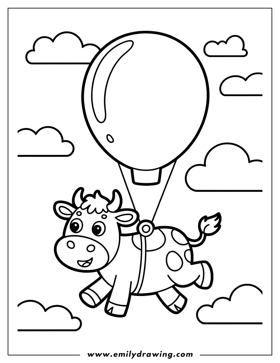 Line art of a smiling cow floating with a large balloon among fluffy clouds.