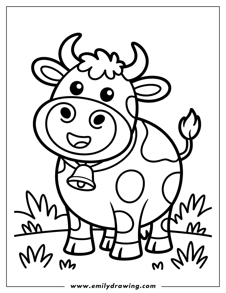 Outline of a happy cow wearing a bell, standing in a field of grass.