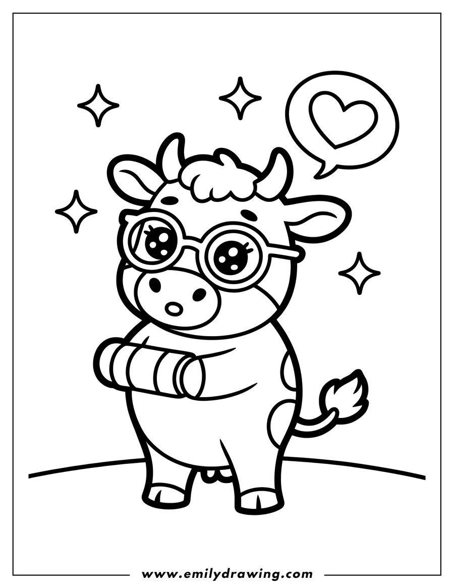 Outline of a cow wearing glasses and holding a book, with a heart-shaped speech bubble above it.