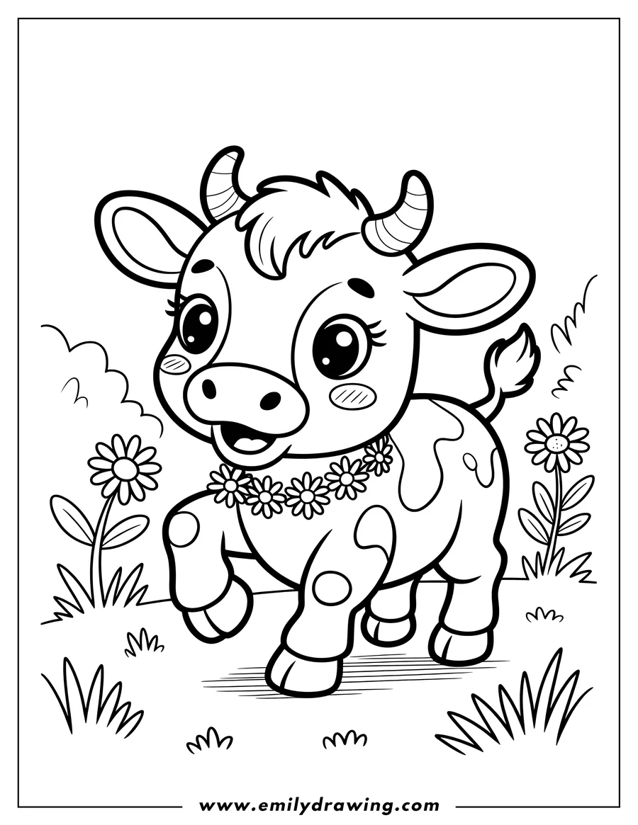 Outline of a cheerful cow wearing a daisy chain necklace, standing in a field of grass and daisies.