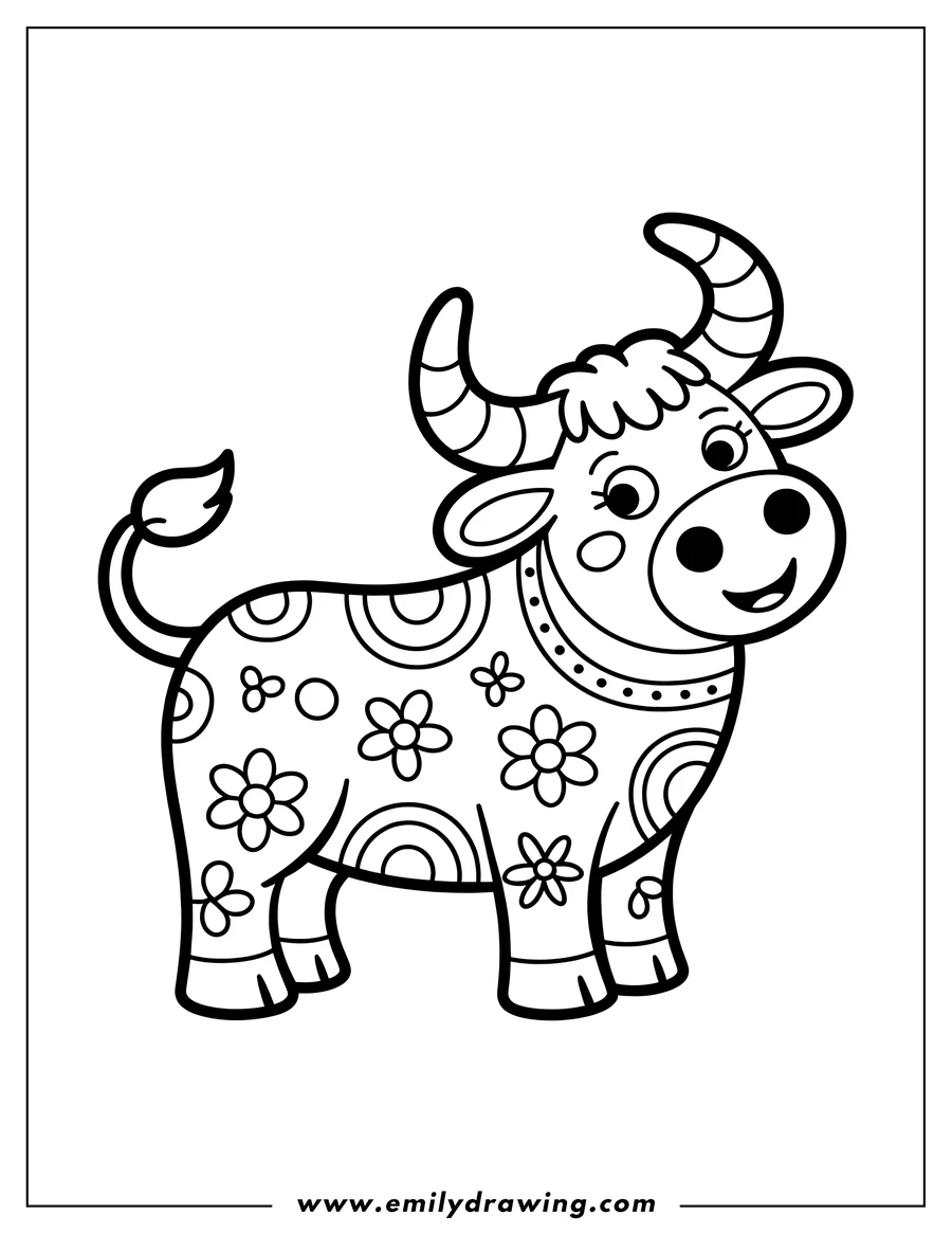Outline of a cow decorated with a floral pattern and swirls. It has striped horns and tail and a happy expression.