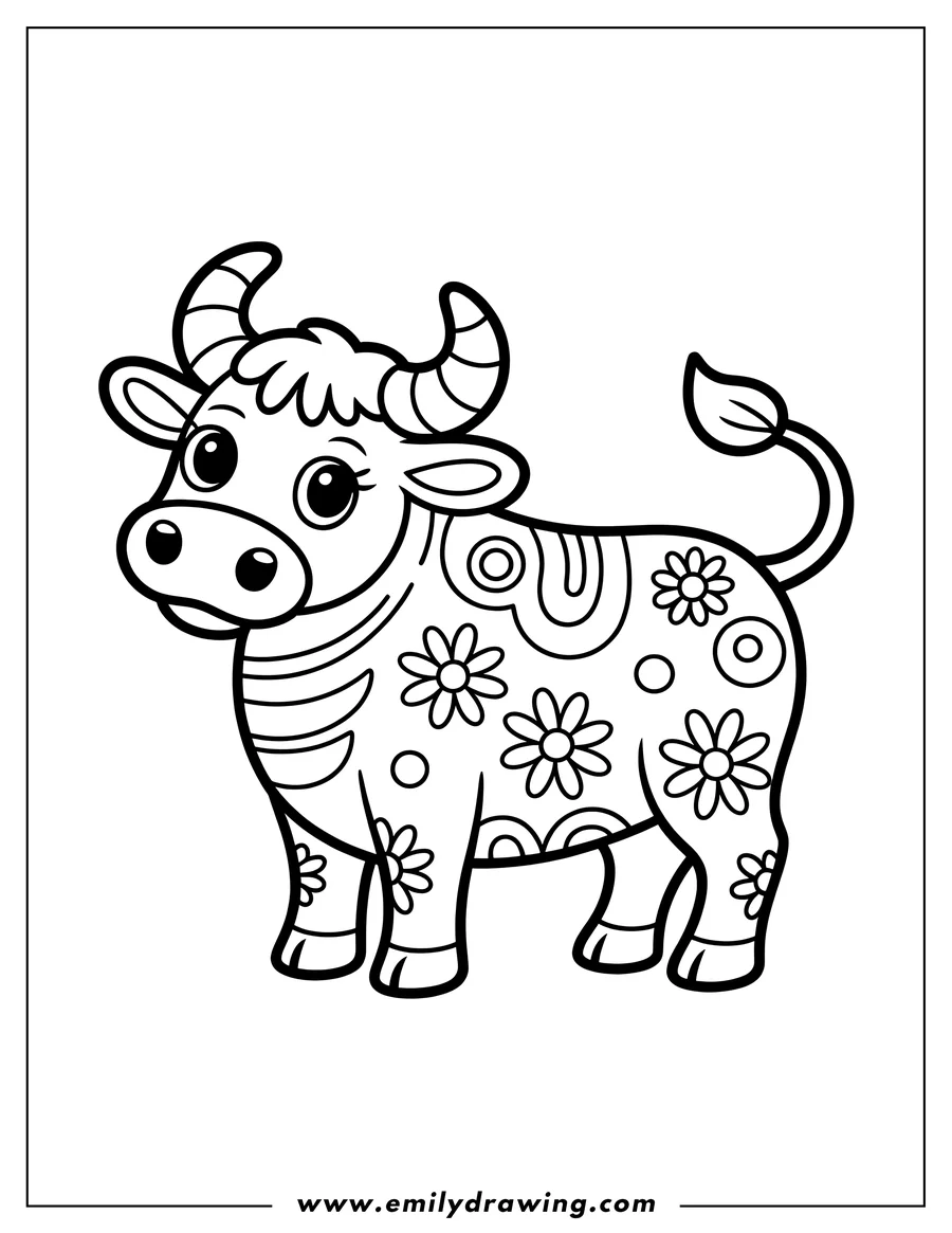 Outline of a cow decorated with floral patterns. It has large eyes, small horns, and a leaf-shaped tail.