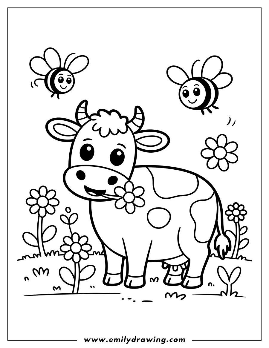 Outline of a cow with a flower in its mouth, standing in a field with flowers and two bees flying nearby.