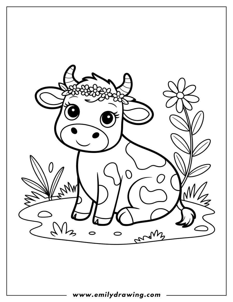 Line art of a cow wearing a flower crown, sitting in a field near a single flower.