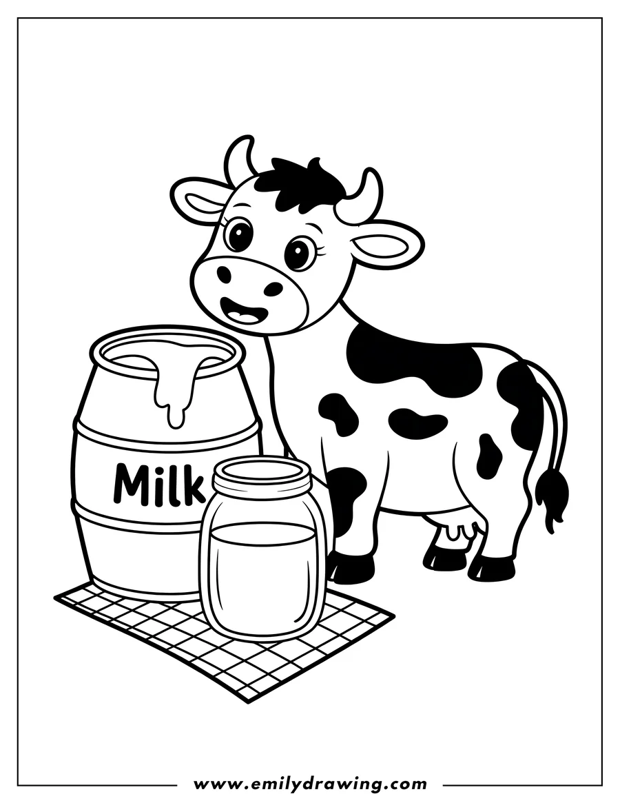 Line art of a cow standing next to a barrel of milk and a jar, likely ready to be filled.  A checkered mat is underneath.