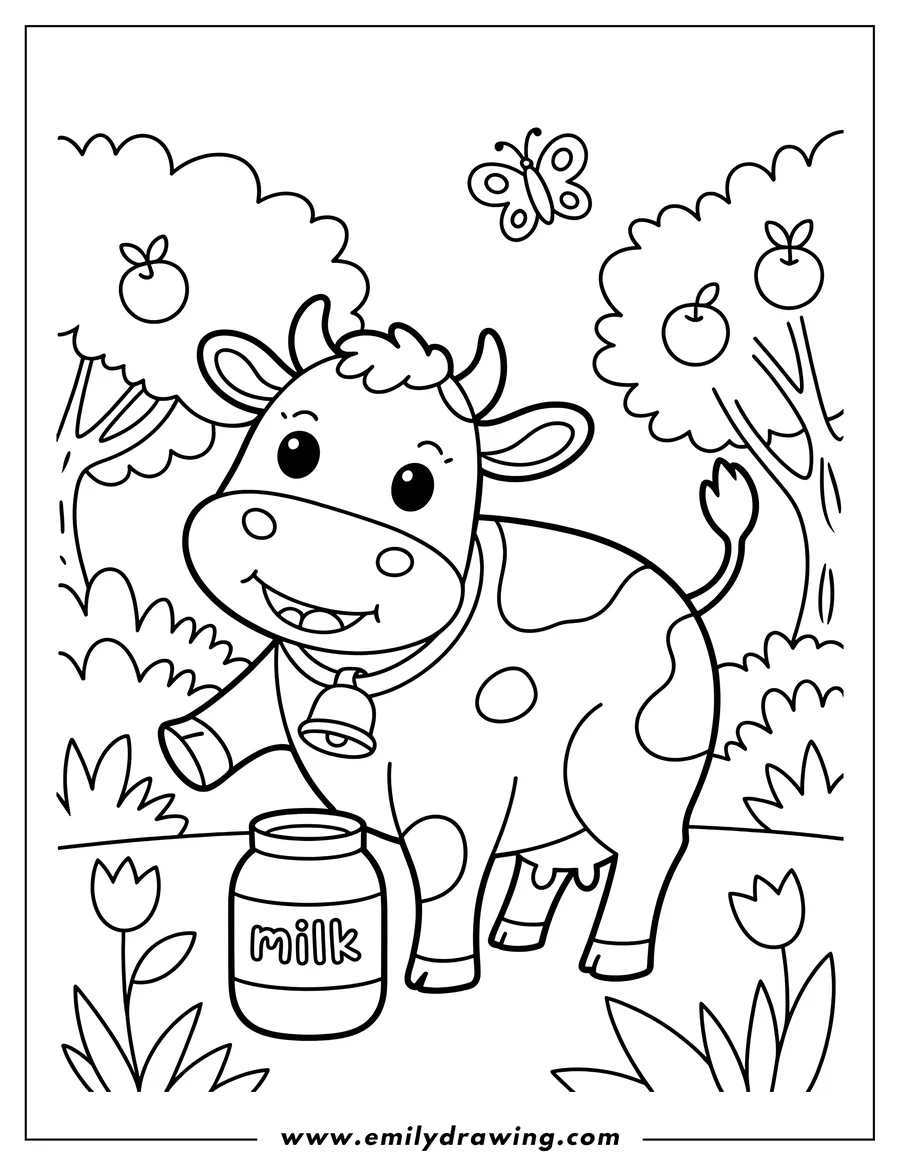 Outline of a smiling cow with a bell around its neck, standing next to a jar of milk. There are trees, flowers, and a butterfly in the background.