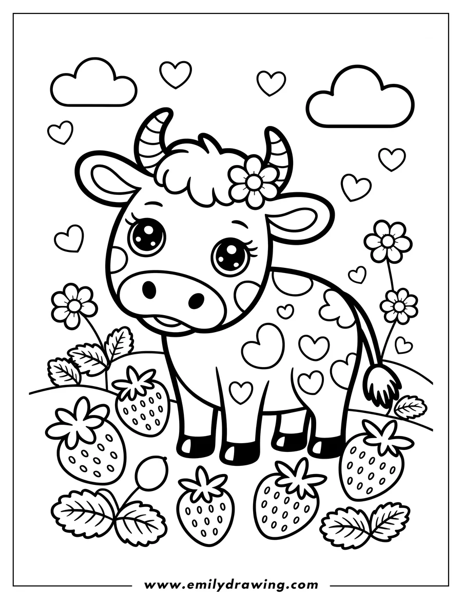Outline of a cute cow with heart markings standing in a field of strawberries, flowers, and hearts floating around. Perfect for a Valentine's day coloring project.