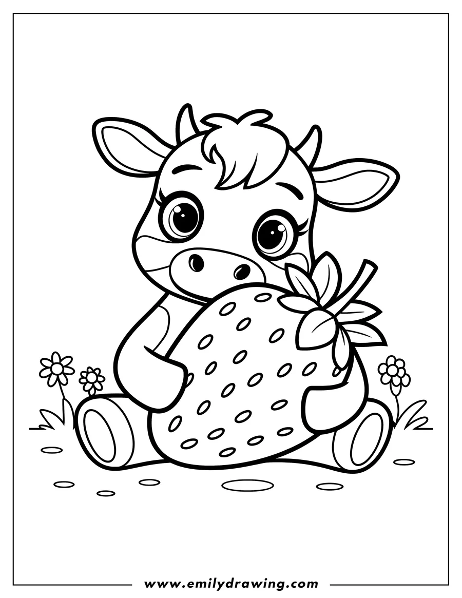 Outline of a cow sitting and holding a large strawberry. There are small flowers and grass near the cow's feet.