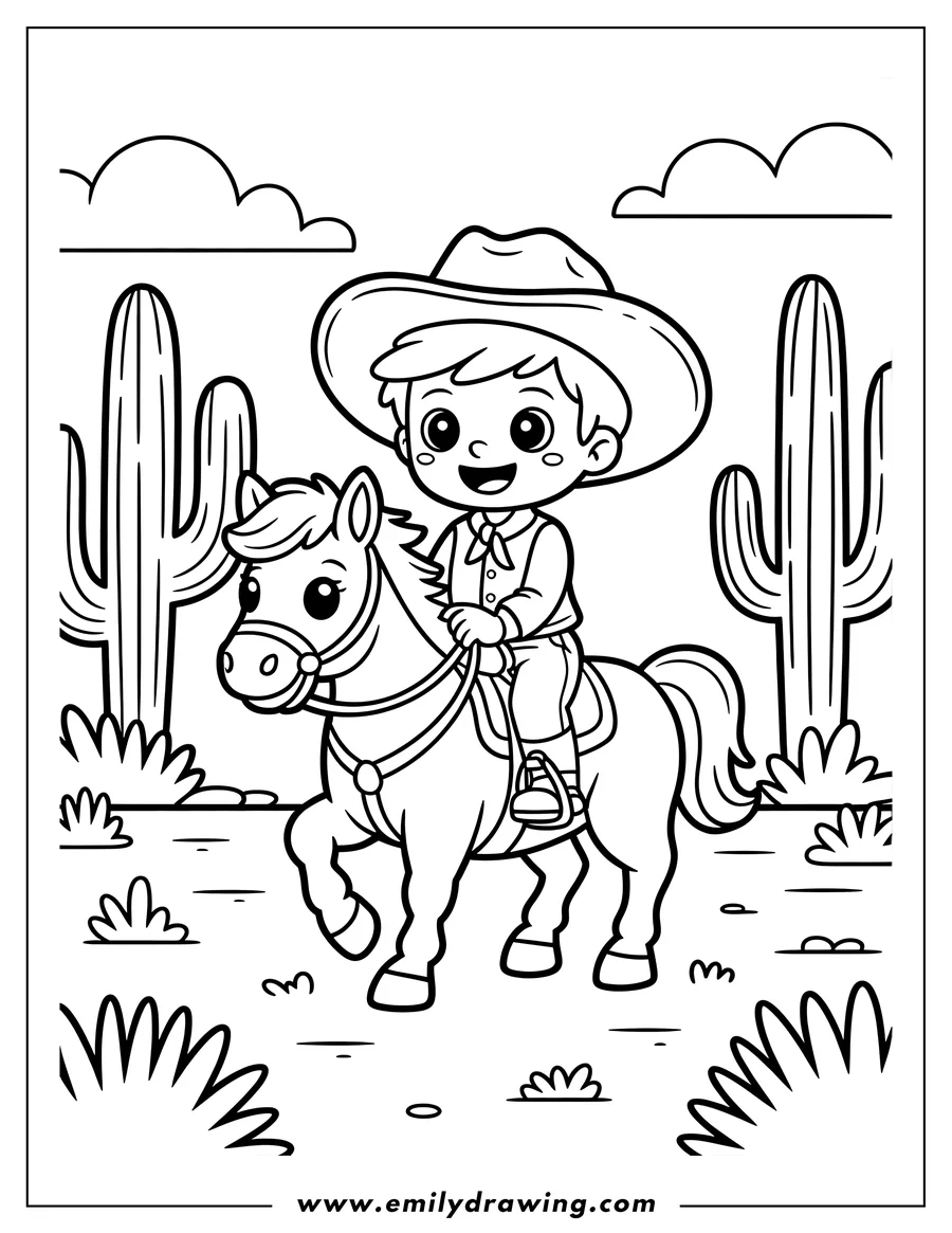 Line art of a cowboy riding a horse in the desert with cacti and small plants.
