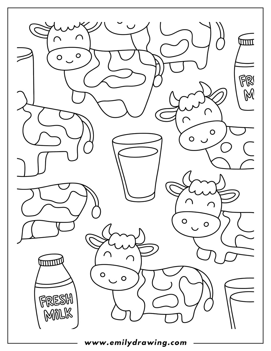 Outline of several happy cows, glasses of milk, and bottles labeled 'Fresh Milk'.