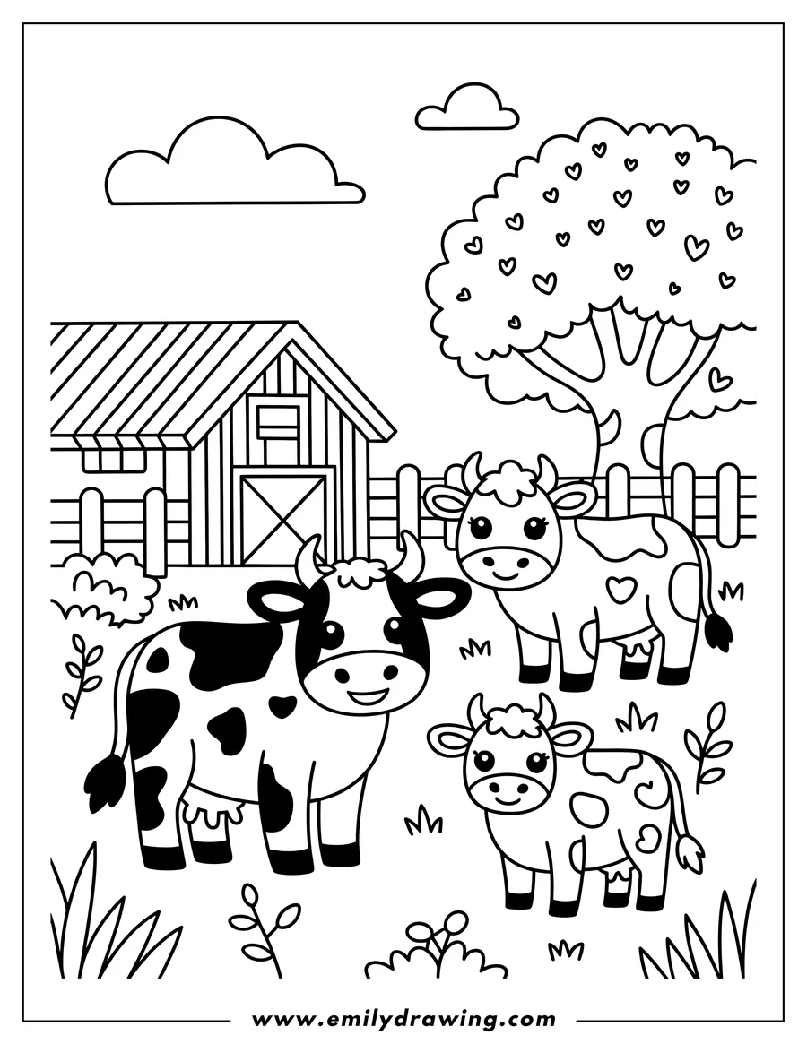 Outline of three cows, two adult cows and a calf, standing in a field on a farm with a barn and a tree in the background.