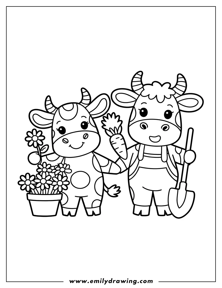 Two friendly cows, one holding a potted flower and the other with a carrot and shovel.