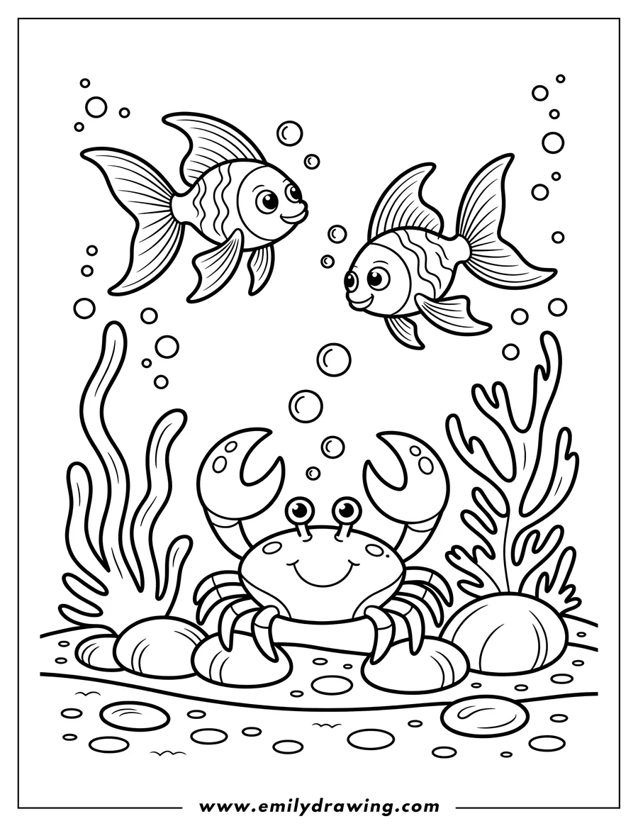 Outline of a smiling crab on the seabed, with two striped fish swimming above and seaweed and bubbles around them.