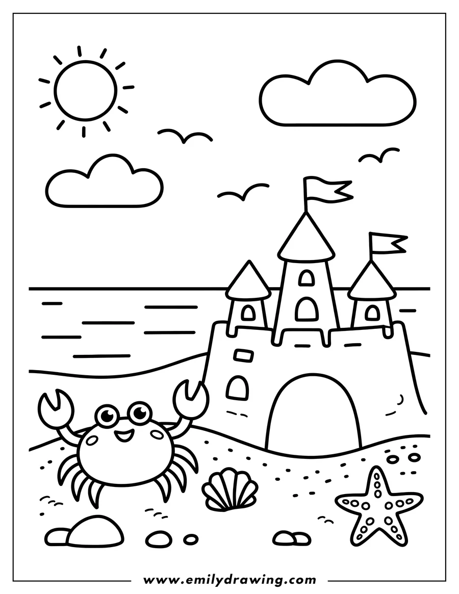 Line art of a crab near a sandcastle on the beach, with seashells and starfish scattered around.