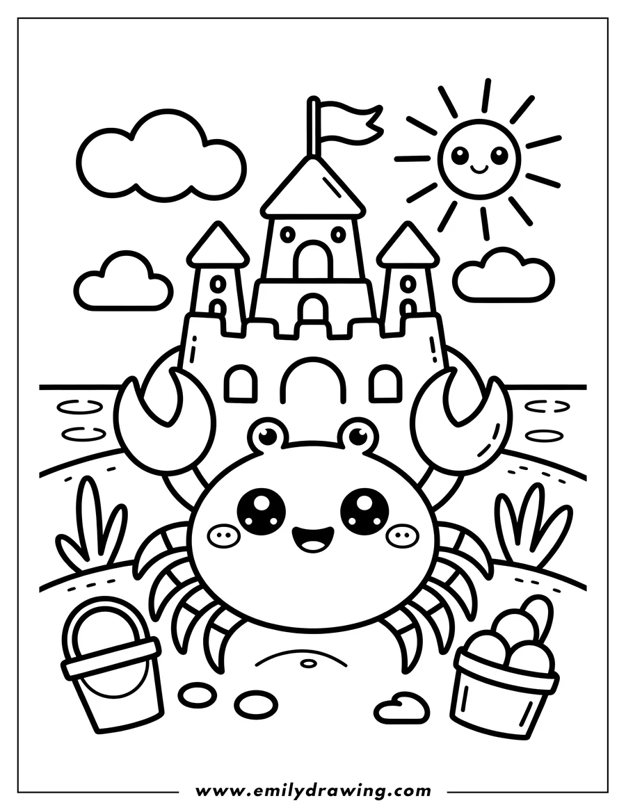 Outline of a happy crab on the beach near a large sandcastle with beach toys and a smiling sun in the sky.
