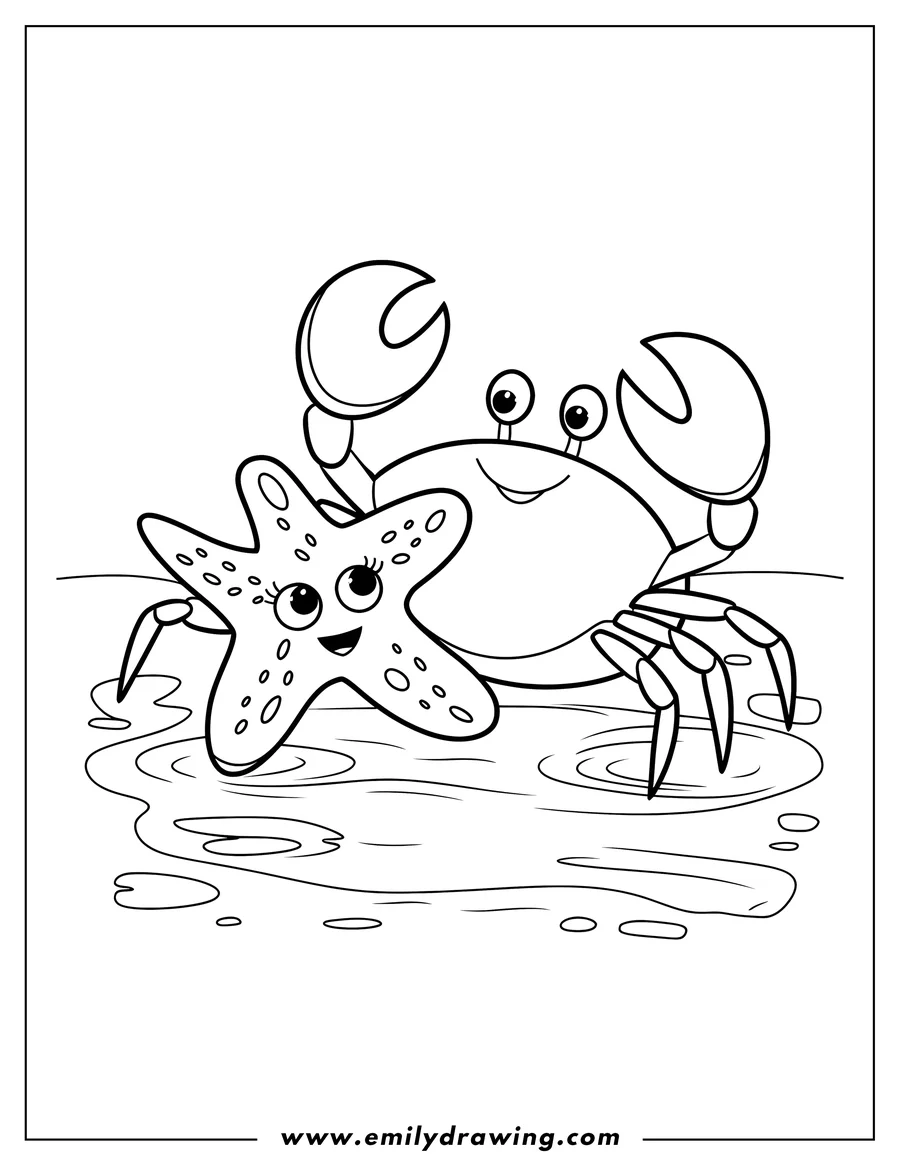 Line art of a crab and starfish in a tide pool. The crab and starfish have large, friendly eyes. The tide pool has ripples and small pebbles.