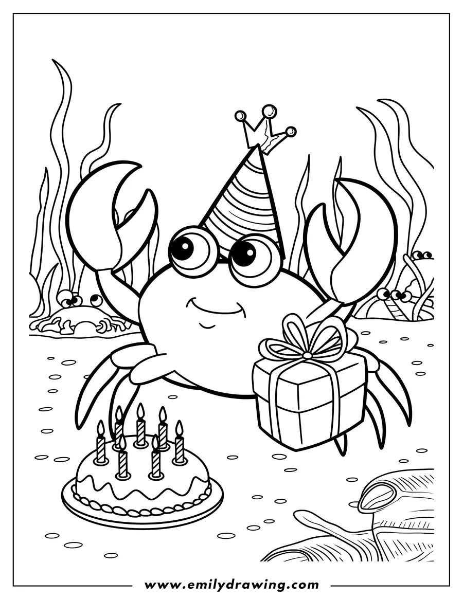 Line art of a crab wearing a party hat, standing by a birthday cake with candles and holding a wrapped present, with other crabs and seaweed in the background.