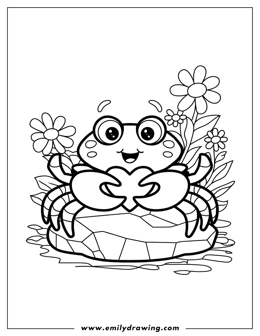 Outline of a cheerful crab sitting on a rock near blooming flowers.