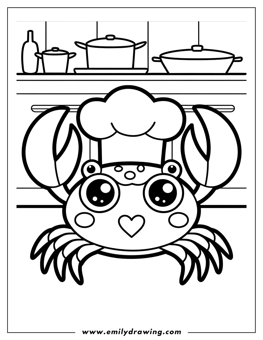 Line art of a crab wearing a chef's hat in a kitchen setting, with cooking pots and utensils visible on the counter behind it.