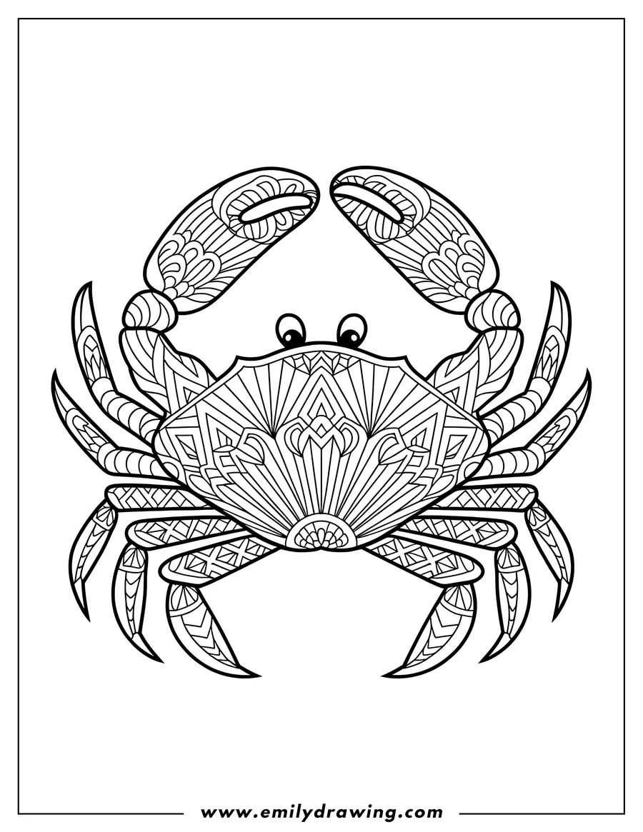 Line art of a crab with patterned shell and claws, ready for coloring.