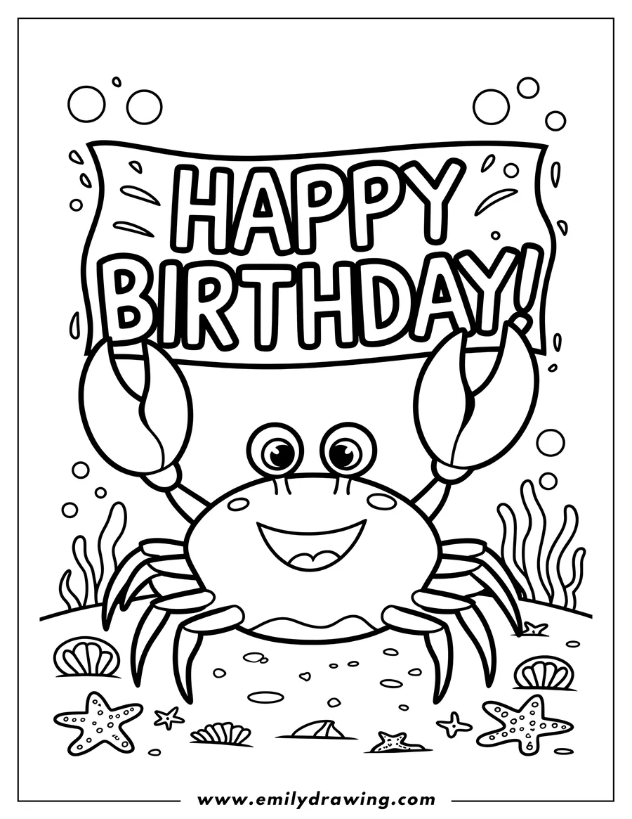 Outline of a cheerful crab holding a sign that says 'Happy Birthday' underwater, surrounded by starfish and seashells.