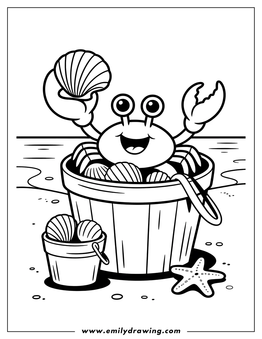 Outline of a cheerful crab sitting in a bucket filled with seashells on a beach, holding another seashell aloft. A smaller bucket with seashells and a starfish are next to the crab's bucket.