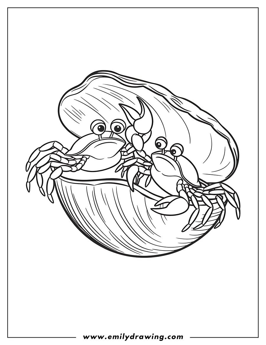 Outline of a crab inside a large seashell.