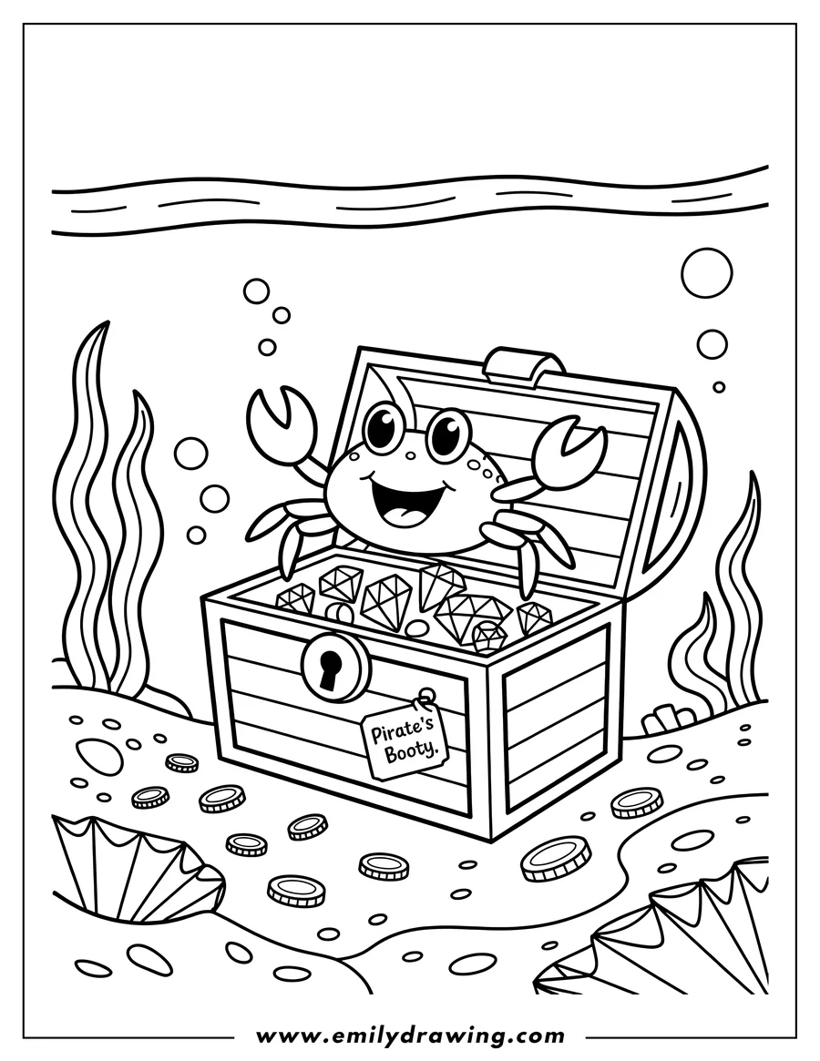 Line art of a smiling crab inside an open treasure chest filled with gems on the ocean floor. Coins and seaweed are also visible.