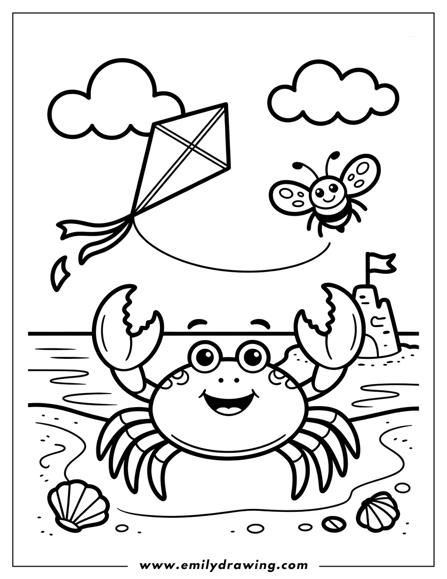Line art of a cheerful crab on the beach with a kite flying overhead and a bee nearby. A sandcastle is also visible in the background.