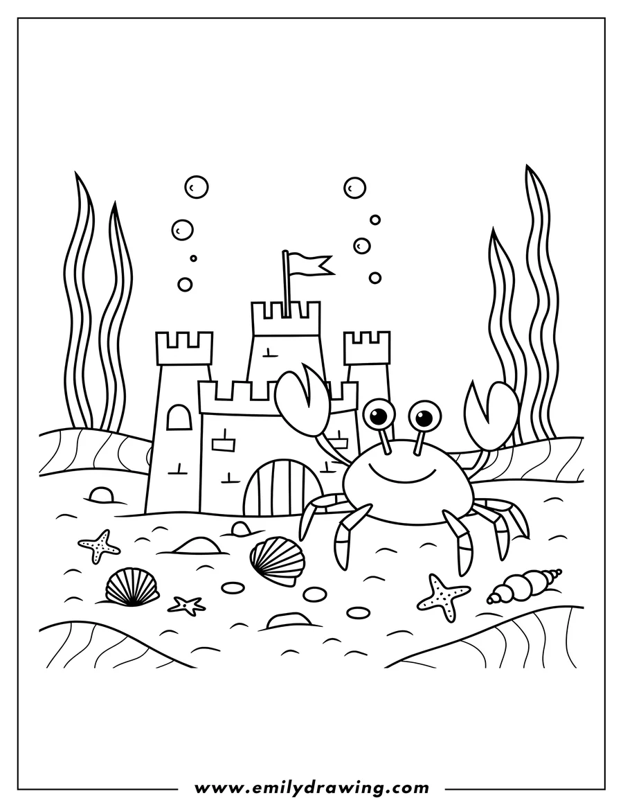 Line art of a crab walking on the seabed near a sandcastle. Starfish and shells scatter the ocean floor, and seaweed sways in the background.