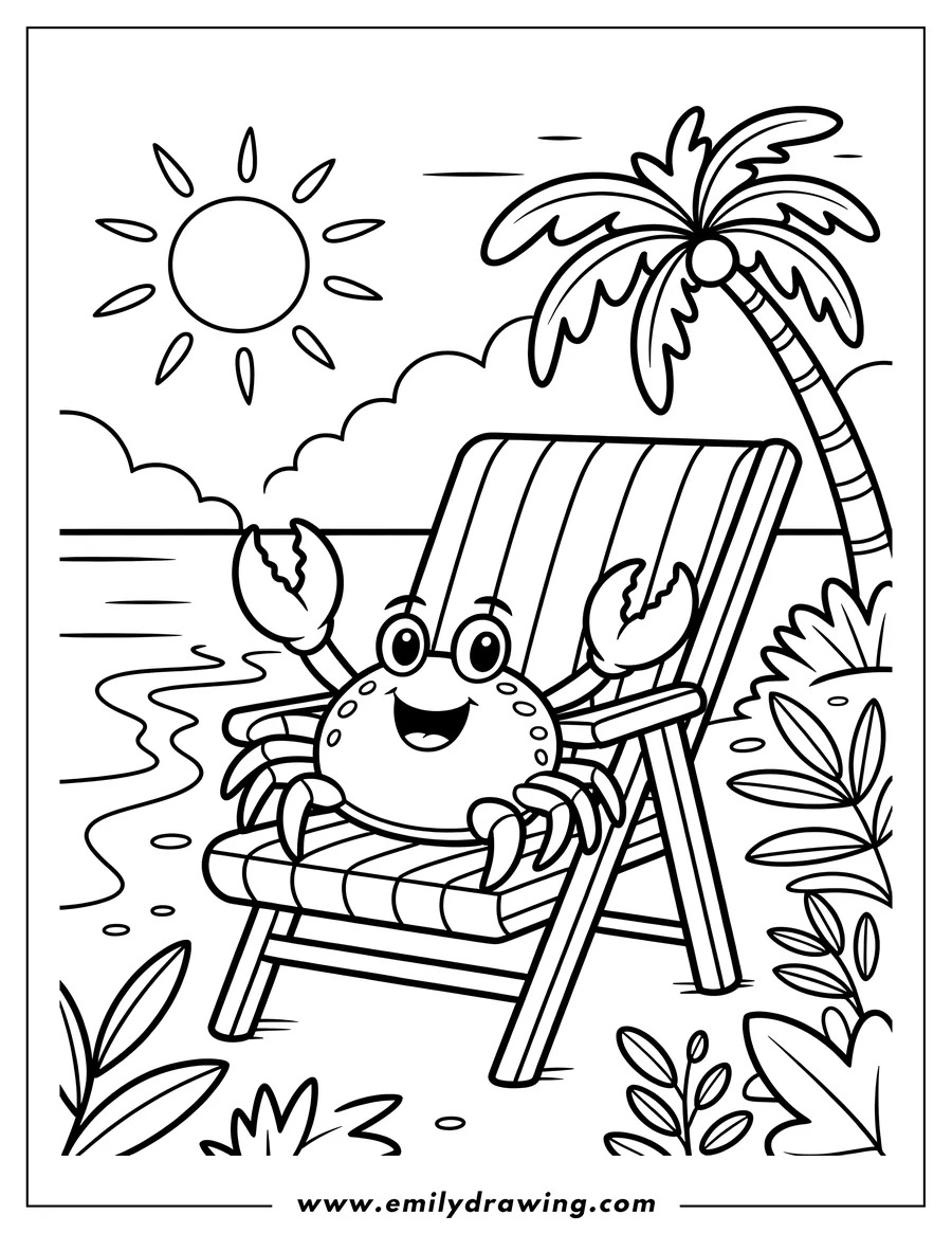 Outline of a smiling crab relaxing on a beach chair under a shining sun, with a palm tree and ocean waves in the background.