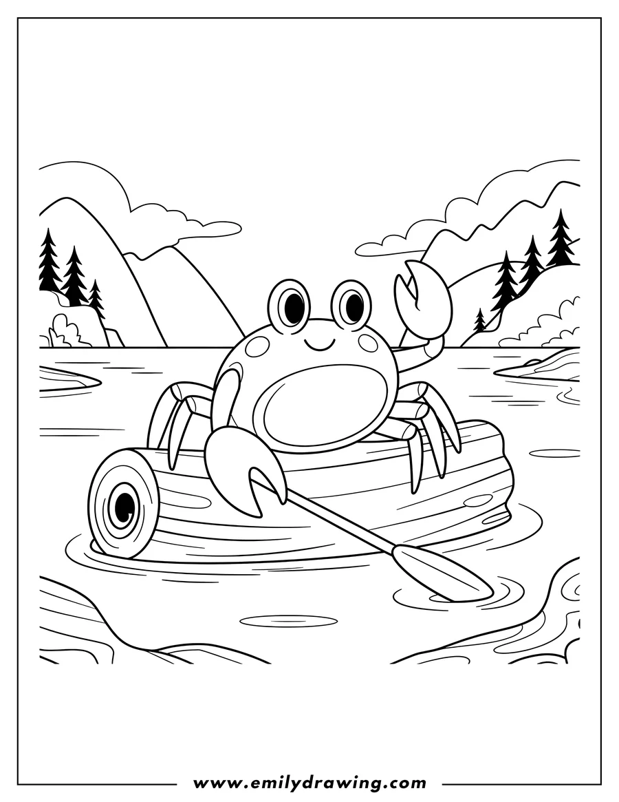 Outline of a cheerful crab sitting on a log and paddling across a body of water, with a background of trees and hills