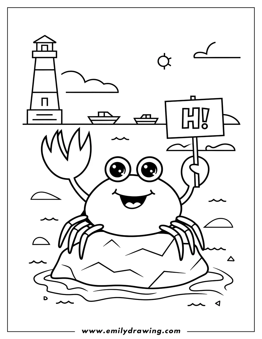 Outline of a friendly crab sitting on a rock near a lighthouse, holding a sign that says 'Hi!', and watching boats go by in the water.